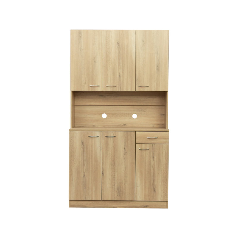 Tall Wardrobe& Kitchen Cabinet, with 6-Doors, 1-Open Shelves and 1-Drawer, Oak