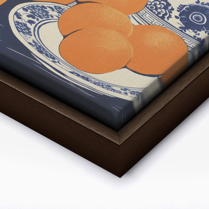 Oranges et vase bleu, H 12 po x l 16 po, Canevas, Encadrement brun