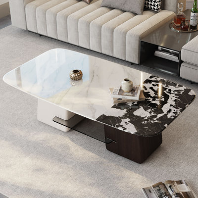 51" Modern Luxury Coffee Table with Faux Marble Top, Tempered Glass Platform & Wood Legs, Sintered Stone Coffee Table, Center Table