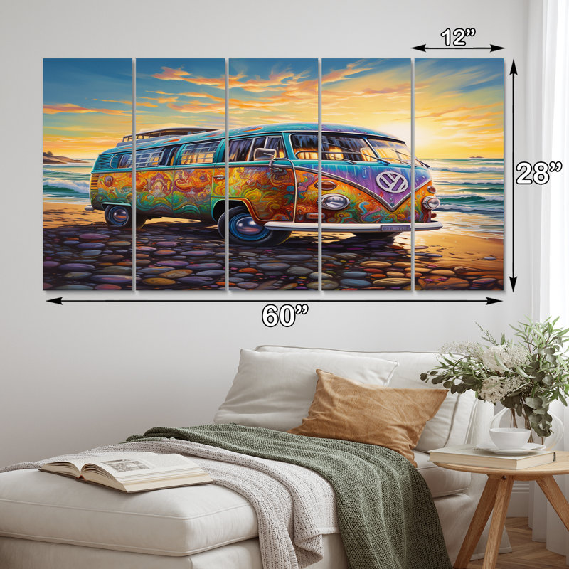 «Magic Hippie Bus On The Beach - Car Van», art mural sur toile - 5 panneaux égaux
