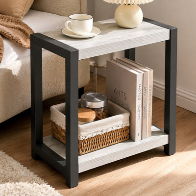 Table d'appoint, côté, bout, étroit, petit, 2 niveaux, salon, chambre à coucher, stratifié gris, métal noir, contemporain, moderne
