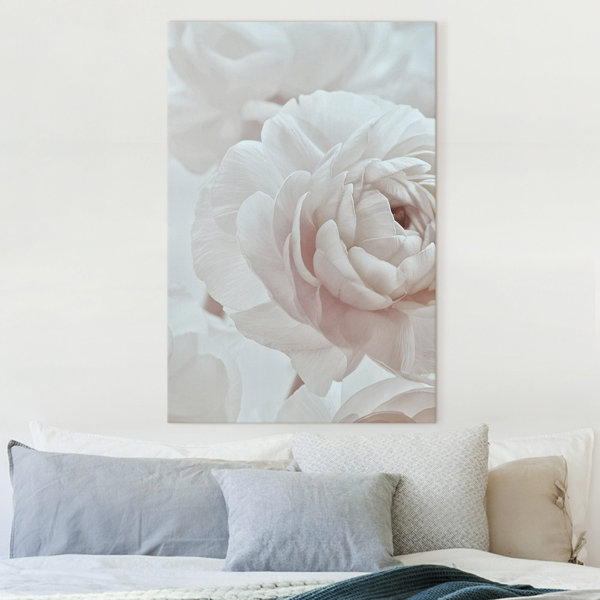 Weiße Blume Leinwandbild 60x120 Cm – Handbemalt, Strukturiert, Modern Für Wohnzimmer