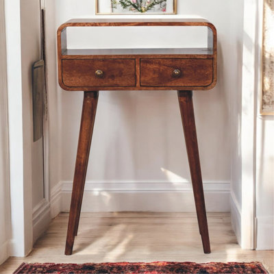 Mini console en bois incurvé caramel miel, 2 tiroirs, fente ouverte, pieds nordiques, brun