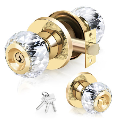 Gold Crystal Privacy Door Knob with Lock and Keys, Diamond Glass Interior Door Knob for Bedroom or Bathroom, 1 Pack