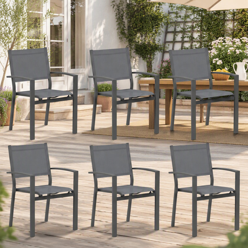 Ensemble de 6 chaises de patio extérieures robustes en métal – Toile Textilène grise résistante aux intempéries, capacité de 159 kg, structure en fer thermolaqué, empilables