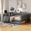 Lit plateforme double tapissier pleine grandeur avec revêtement en velours gris, tablettes de rangement, bureau, station de charge et lit gigogne simple pour un sommeil relaxant dans une maison moderne