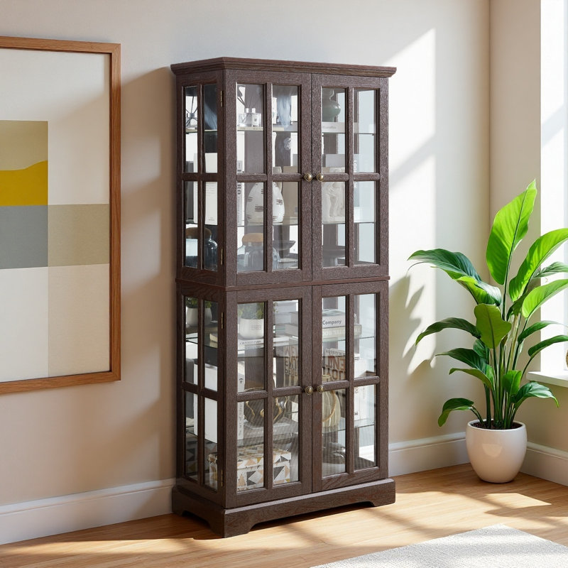Vintage Curio Display Cabinet With Glass Doors - Antique Showcase For Collectibles, Four Adjustable Shelves, Cherry