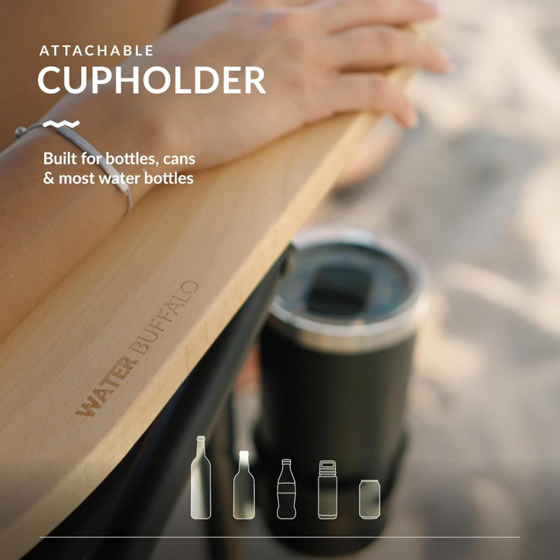 Black Folding Beach Chair with Wooden Armrests and Cup Holder