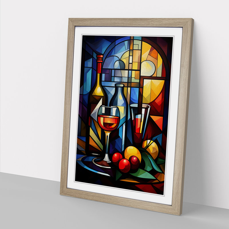 Wine Cubism Art - Framed Print, 34cm H x 25cm W x 2cm D, Oak