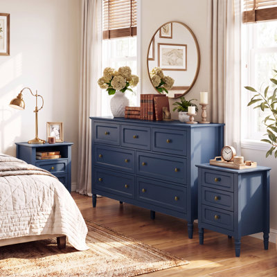 Ensemble de meubles de chambre vintage 3 pièces comprenant une commode à 7 tiroirs et 2 tables de chevet à 3 tiroirs, bleu