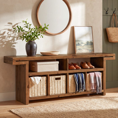 Meuble télé en bois massif de 63 pouces, compatible avec les téléviseurs jusqu'à 70 pouces, avec 4 paniers de rangement.