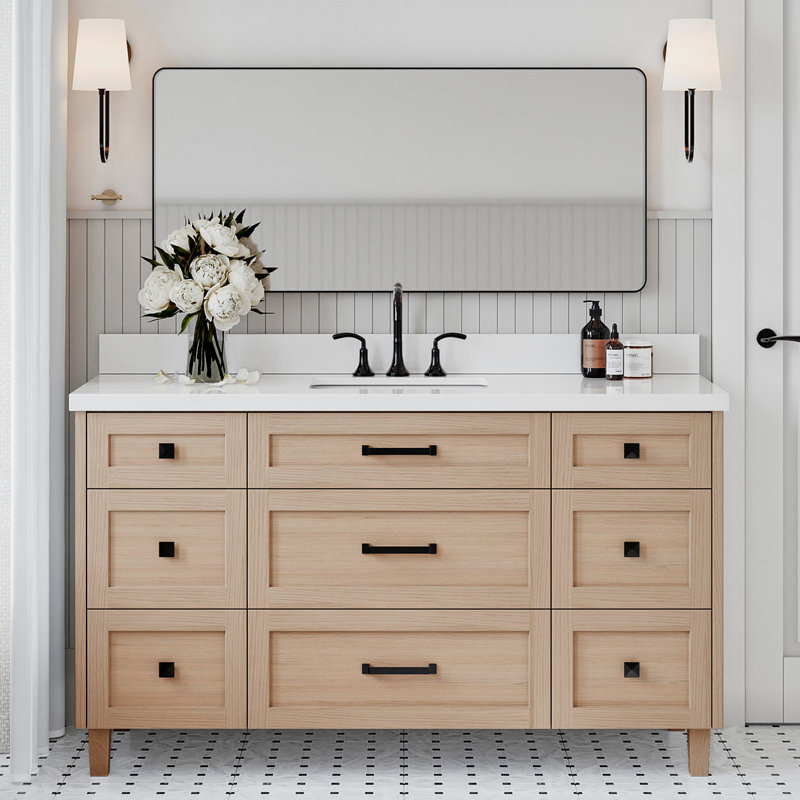 ARIEL Monroe 61 Single Sink Bathroom Vanity with Pure Quartz Top, Oak, 61", Matte Black
