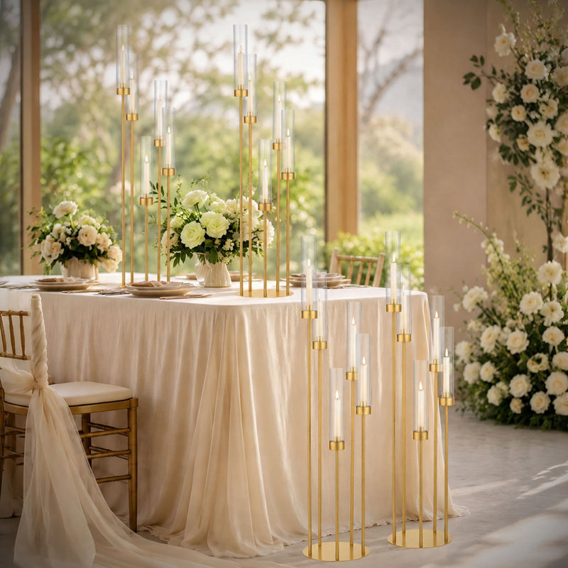 Gold 5-Arm Floor Candelabra with Acrylic Shades, 39.37" Tall Metal Candle Holder Centerpiece for Wedding & Home (Set of 4), 4