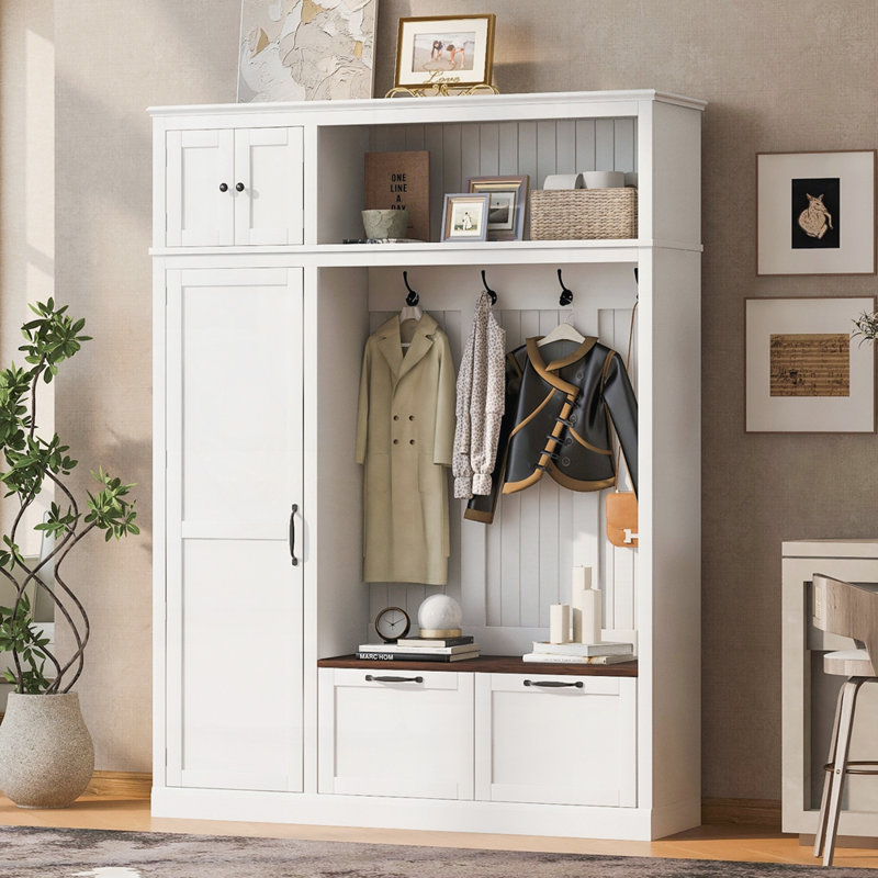 3-in-1 Hall Tree with Overhead Storage Cabinet, 3 Adjustable Side Shelves, 4 Heavy-Duty Hooks, 2 Spacious Drawers, Grooved Back Panel Design, Contrasting Seat Bench, Multifunctional Entryway Organizer
