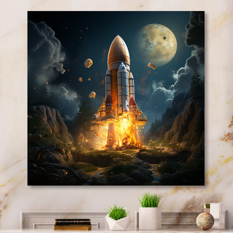 Rocketship Take Off I - Art mural en métal Rocketship, H 16 po x l 16 po