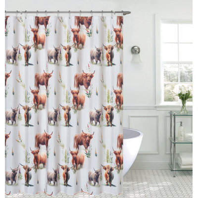 Blooms and Horns Happy Highland Cow Rustic Farmhouse Decorative 72” Shower Curtain