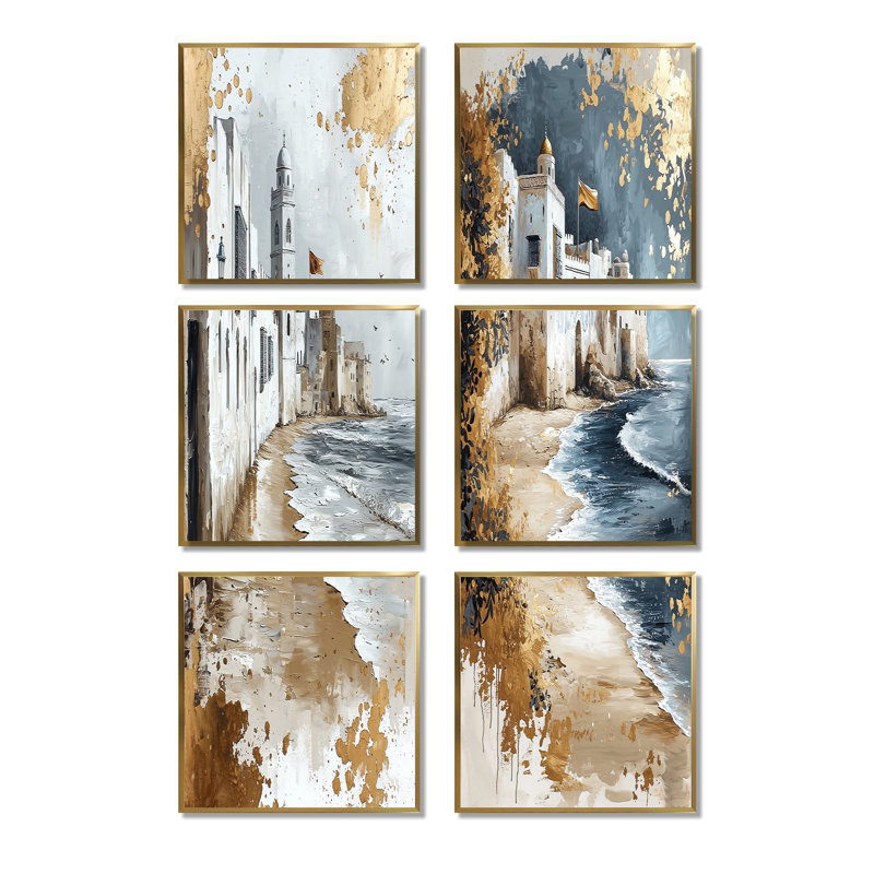 Maroc, plage d'Essouira dans des tons dorés et blancs - Ensemble de 6 impressions sur toile du Maroc, Doré