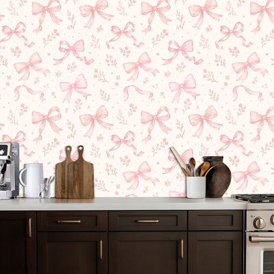 Peel and Stick Wallpaper cute coquette aesthetic seamless pink ribbon bow pink Contact Paper Removable Self Adhesive Wall Mural Wall Decor for Bedroom Kitchen Cabinets 24in x 118in