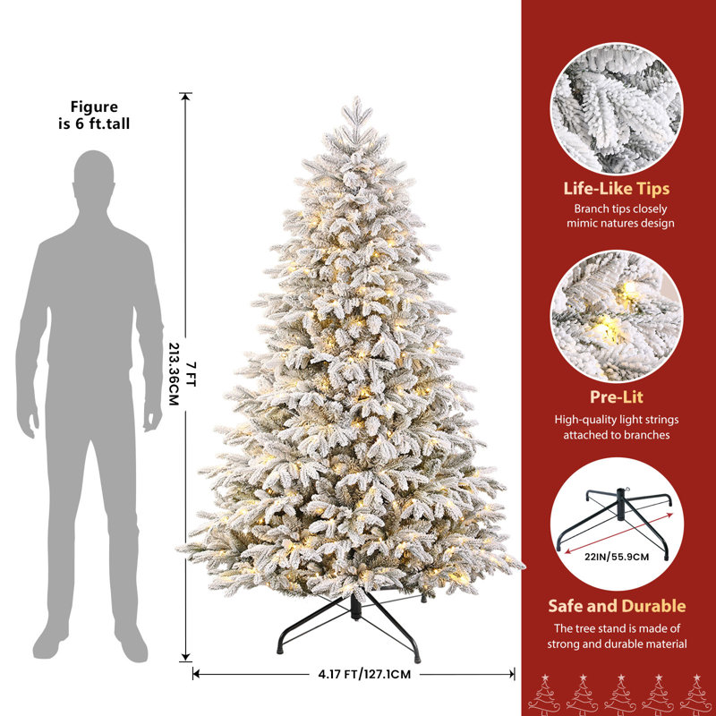 Sapin de Noël artificiel floqué préilluminé de 2,13 m (7 pi) avec lumières multicolores et télécommande, H 7 pi