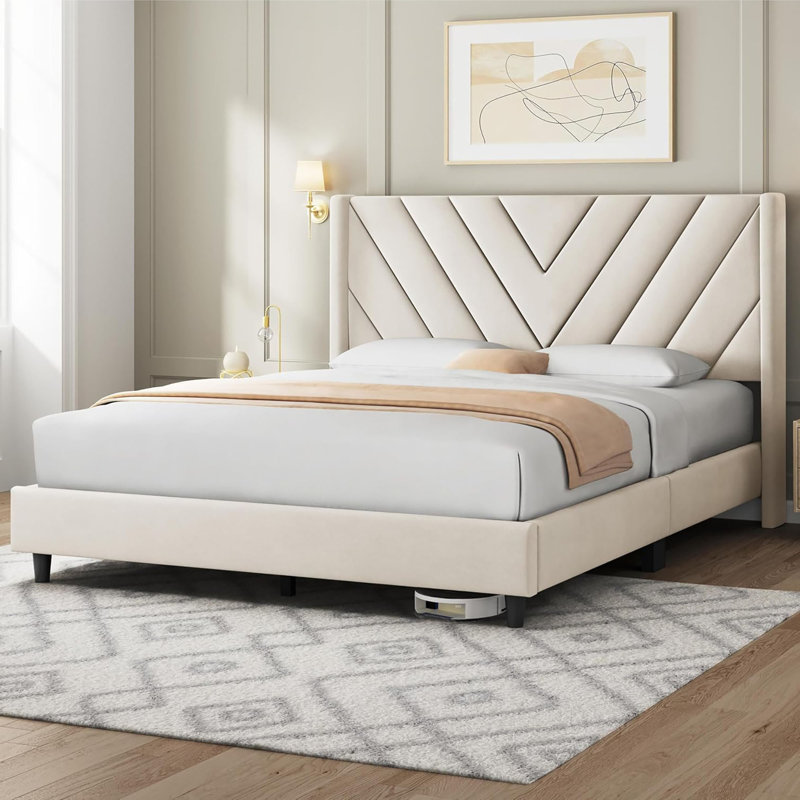 Beige Velvet Upholstered Queen Bed with Tufted Headboard