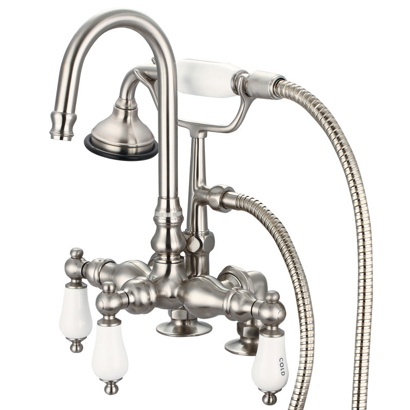 3 Handle Deck Clawfoot Tub Faucet, Polished Nickel, Hot and Cold Labeled Porcelain Lever Handles
