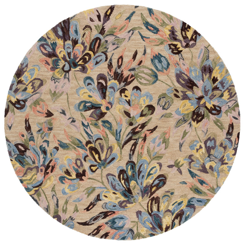 Karetha Hand Tufted Wool/Cotton Floral Rug in Purple/Beige, Round 6'