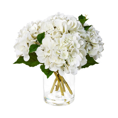 Artificial Hydrangea Floral Arrangement In Clear Glass Vase With Realistic Faux Water - Handcrafted Silk Flower Centerpiece, 12" Tall (Available In Classic White Or Mixed Greenery & Berry Styles)