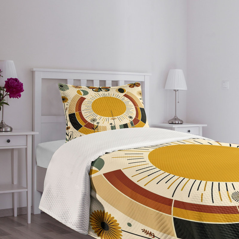 Ambesonne Mid Century Modern Bedspread Set Boho Sun Moth Pale Coffee Eggshell, Twin Bedspread + 1 Standard Sham