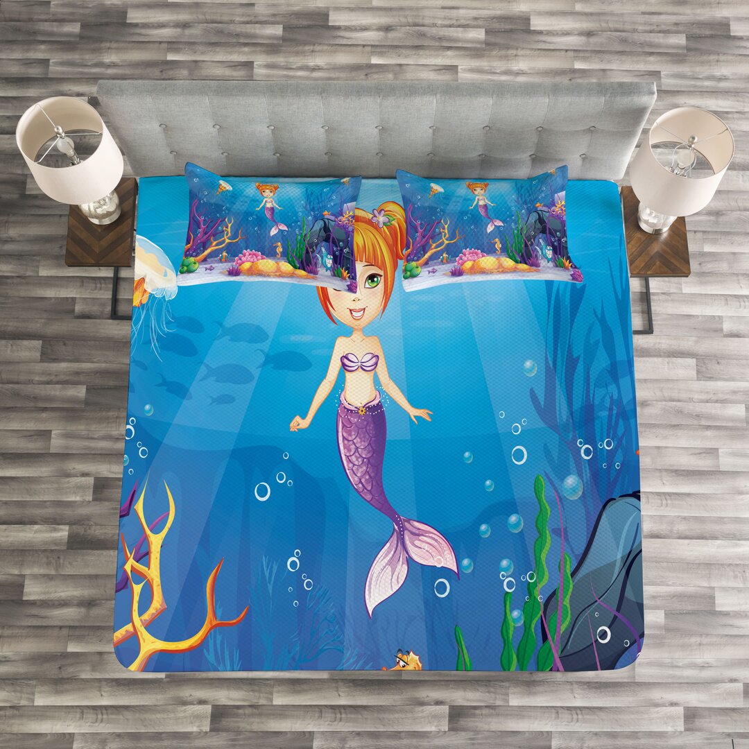 Tagesdecke Set, Cartoon Mermaid Fisch, Bunt, Mehrfarbig