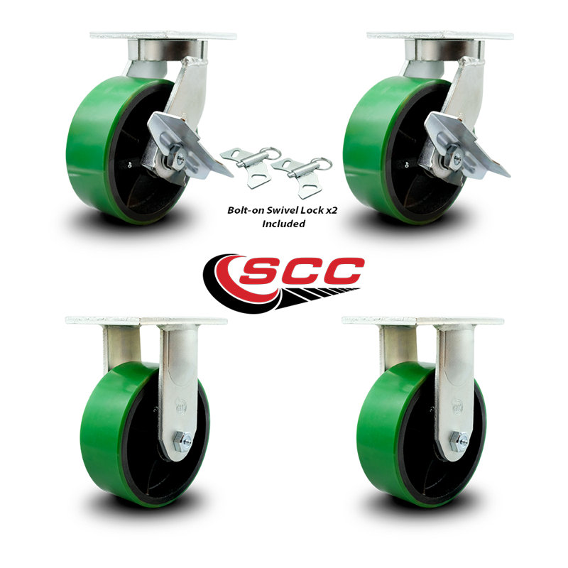 Ensemble de roulettes robustes en poly sur métal 2 verrous pivotants / freins 2 rigides
