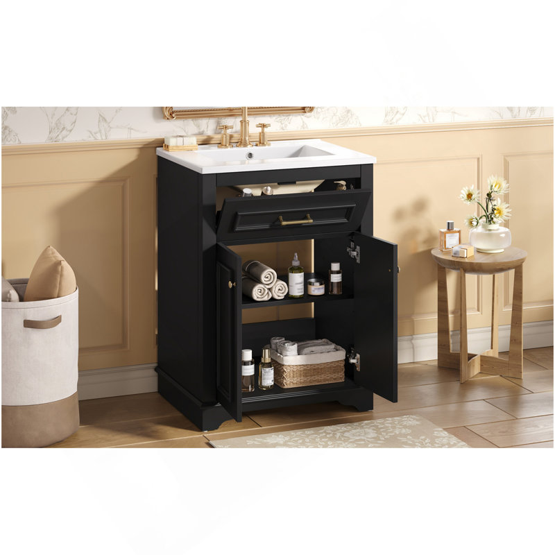 24" Bathroom Vanity With Integrated Ceramic Sink, Bathroom Cabinet With 2 Doors, 1 Tip-Out Drawer, Single Sink Bathroom Vanity For Small And Medium Restroom, Black