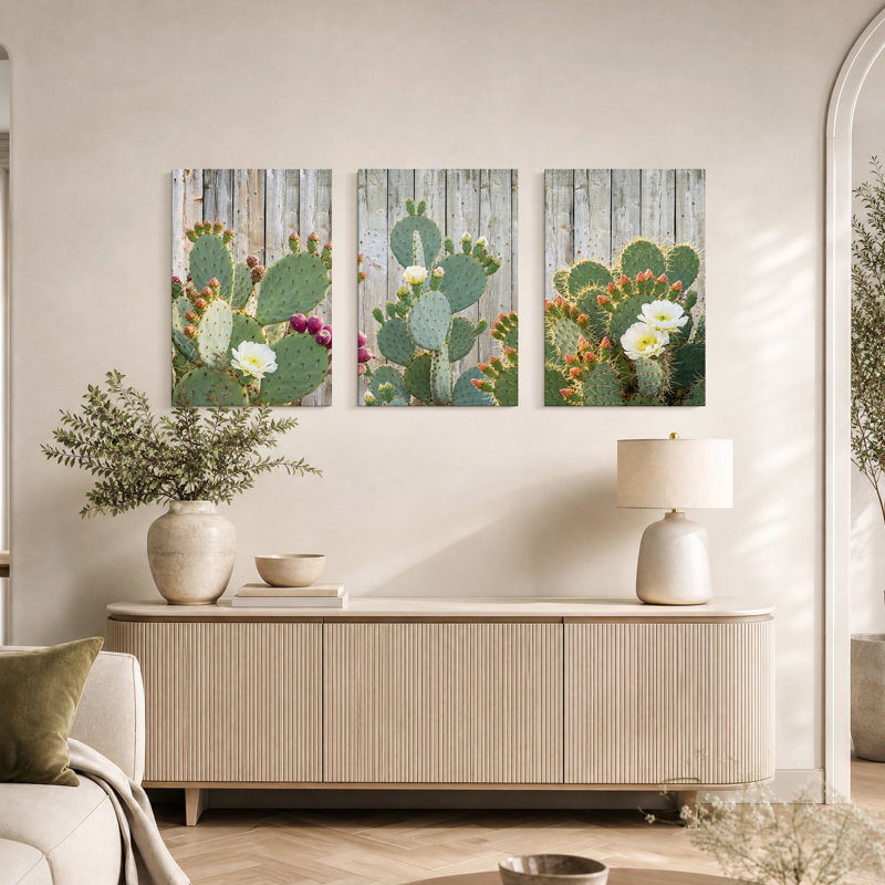 Ensemble de 3 toiles de cactus prickly avec fleurs blanches et fruits mauves, H 24 po x l 16 po x 3 pièces