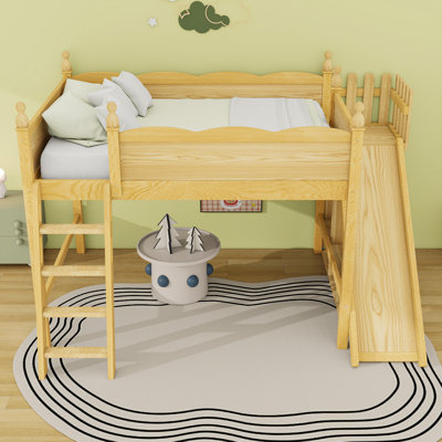 Wood Loft Bed With Storage Shelves And Slide