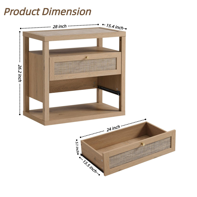 2 - Drawer Natural Oak Rattan Boho Bedside Tables Large Nightstand with Open Shelving, Natural Oak