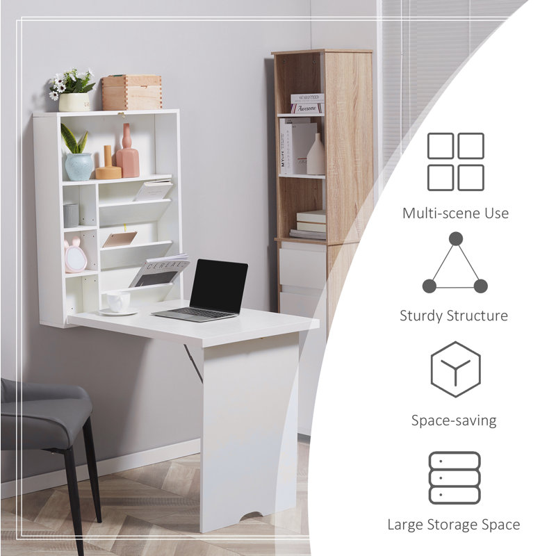 Wall Mounted Fold Out Convertible Desk, Multi-Function Floating Desk with Storage Shelf