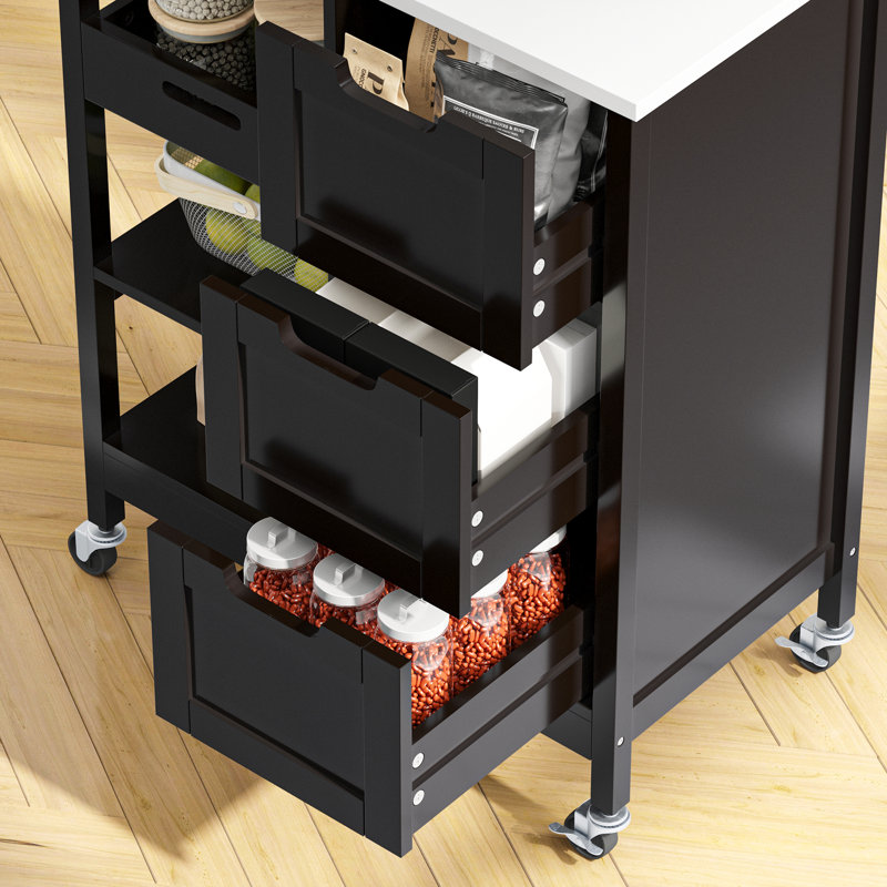 Ariayah Solid Wood Top Kitchen Island Cart with Wheels  & Drawers, Black/Brown