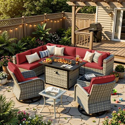 11-Piece Outdoor Sectional Seating Group With Fire Pit Table, Swivel Chairs, Wicker Patio Conversation Set With Cushions & Coffee Tables