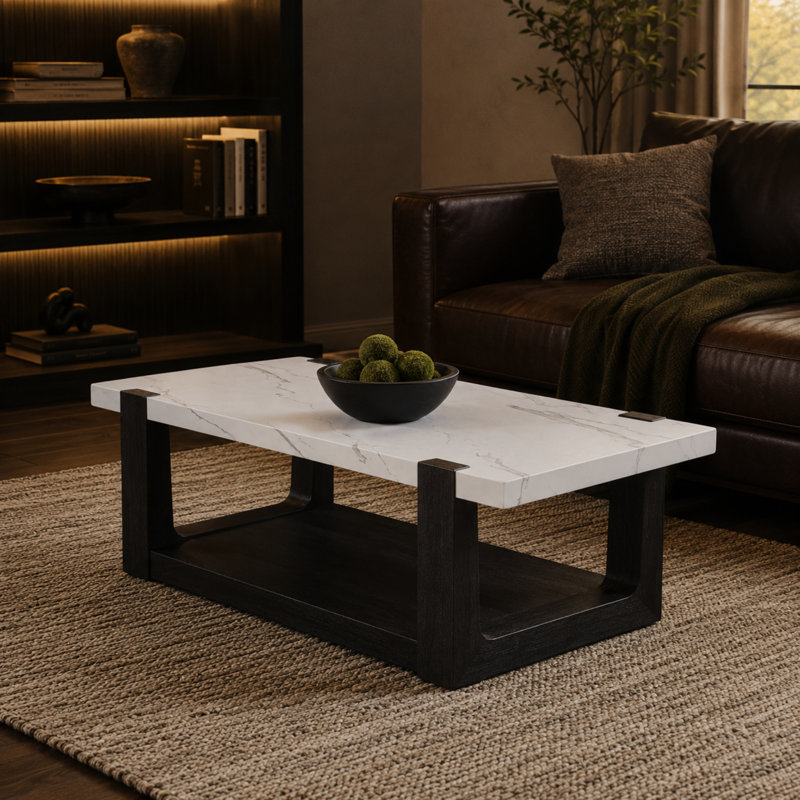 Table basse Caston de 48 po avec base en bois deux tons Caston, Blanc/Noir