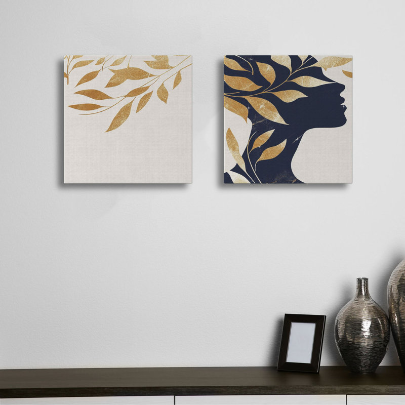 Élégantes peintures sur toile décoratives (2 pièces), or, crème et bleu, 15,8 po x 15,8 po chacune | 100% toile avec cadre 100% bois | Parfait pour la décoration de salon ou de chambre à coucher, design élégant et moderne