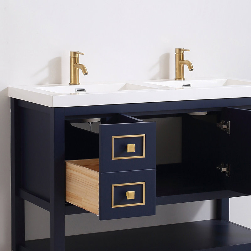 Ensemble de meuble-lavabo double 61 po Thome, bleu, Laiton brossé