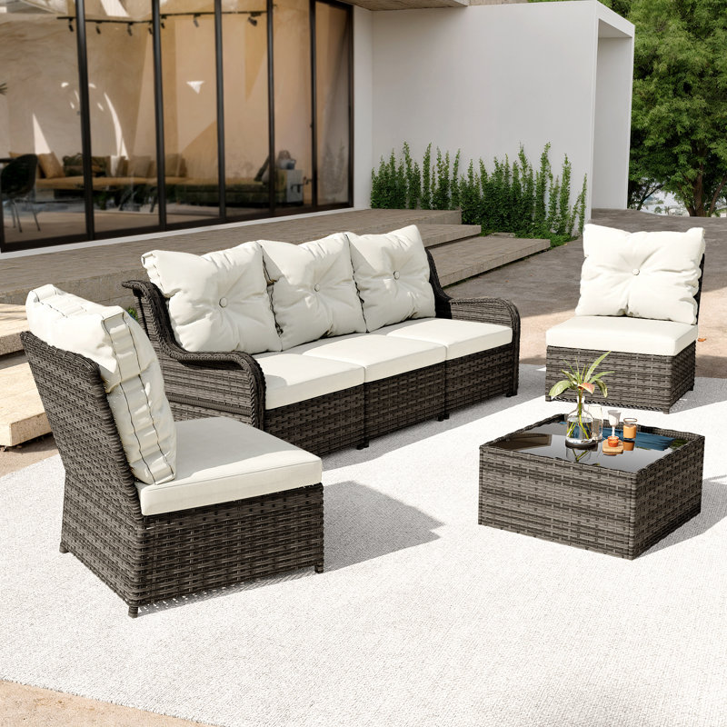 Ensemble de conversation en osier pour cinq personnes avec table basse en osier, Grey, Beige