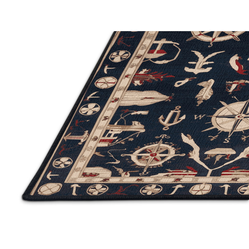 Washable Mediterranean maritime Nautical Area Rug, Square 6'