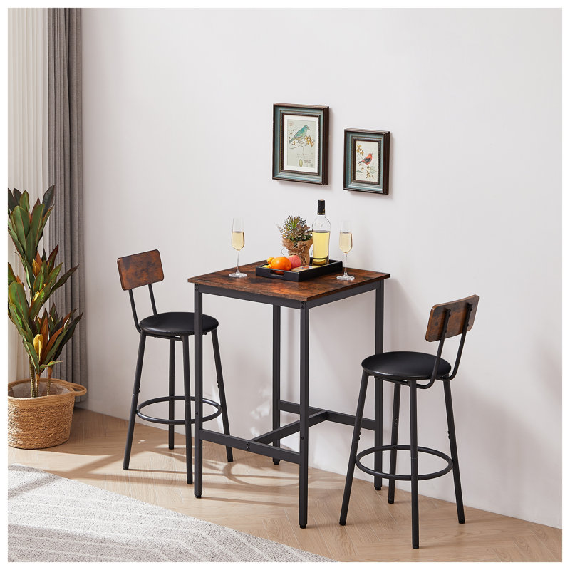 Rustic Brown 3-Piece Bar Table Set with 2 PU Upholstered Stools and Backrests