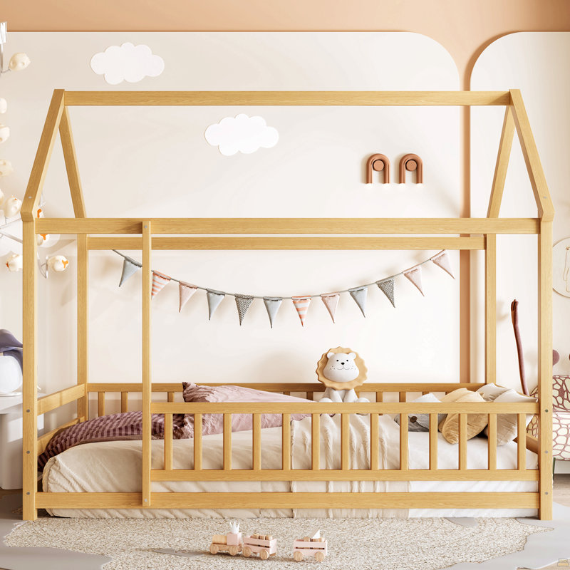 Twin Size Floor Wooden Bed With House Roof Frame, Fence Guardrails, Twin, Natural