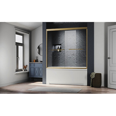 Porte de douche en verre de 56 à 60 po X P 62 po H, porte de baignoire double semi-sans cadre en or brossé, verre trempé transparent certifié ANSI de la norme SGCC, poignées en acier inoxydable