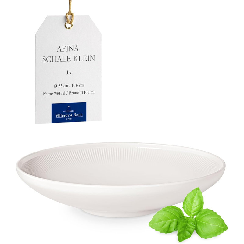 Bol moyen pour salades et pâtes Villeroy & Boch Afina, porcelaine de qualité supérieure, fabriqué en Allemagne, va au lave-vaisselle et au micro-ondes, 9,75 x 2,25 po, empilable, blanc
