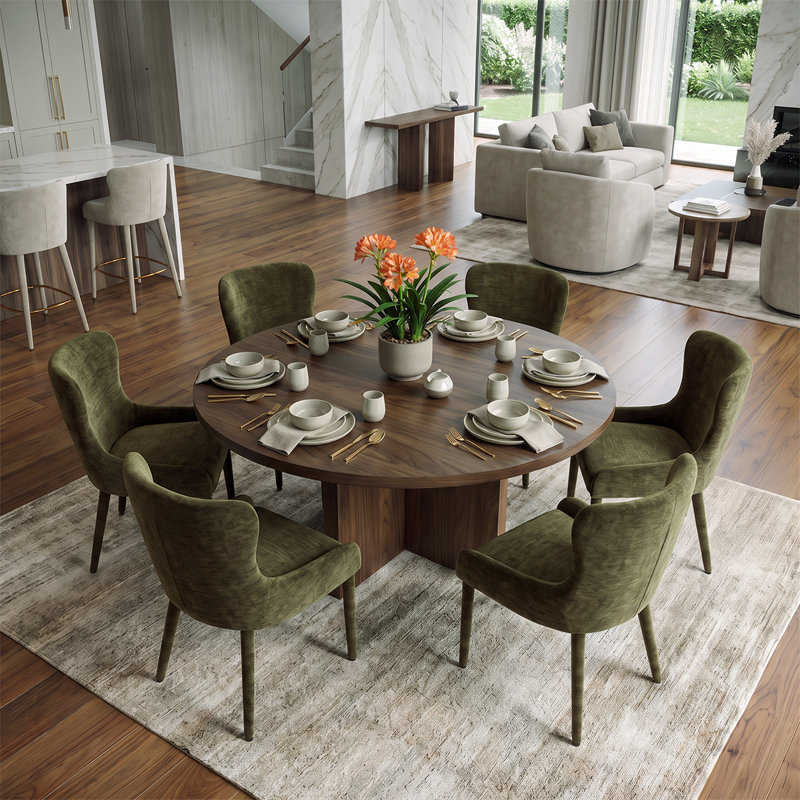 Ensemble de salle à manger rond 7 pièces avec table en placage de bois et chaises à oreilles en chenille, Vert foncé