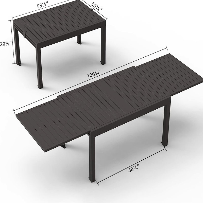 Grande table de patio extensible en aluminium de 53 po à 106 po pour 6 à 8 personnes, table de salle à manger rectangulaire foncé