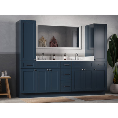 Disar 90'' Double Bathroom Vanity With Linen Tall Cabinet Shaker Dovetail Solid Wood Drawer Carrara Quartz Top