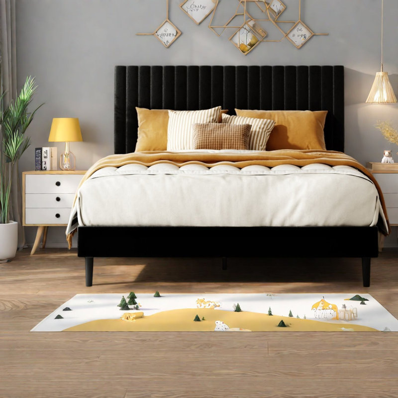 Lit Queen Size, cadre en métal recouvert de velours, chambre moderne et ajustable, Noir